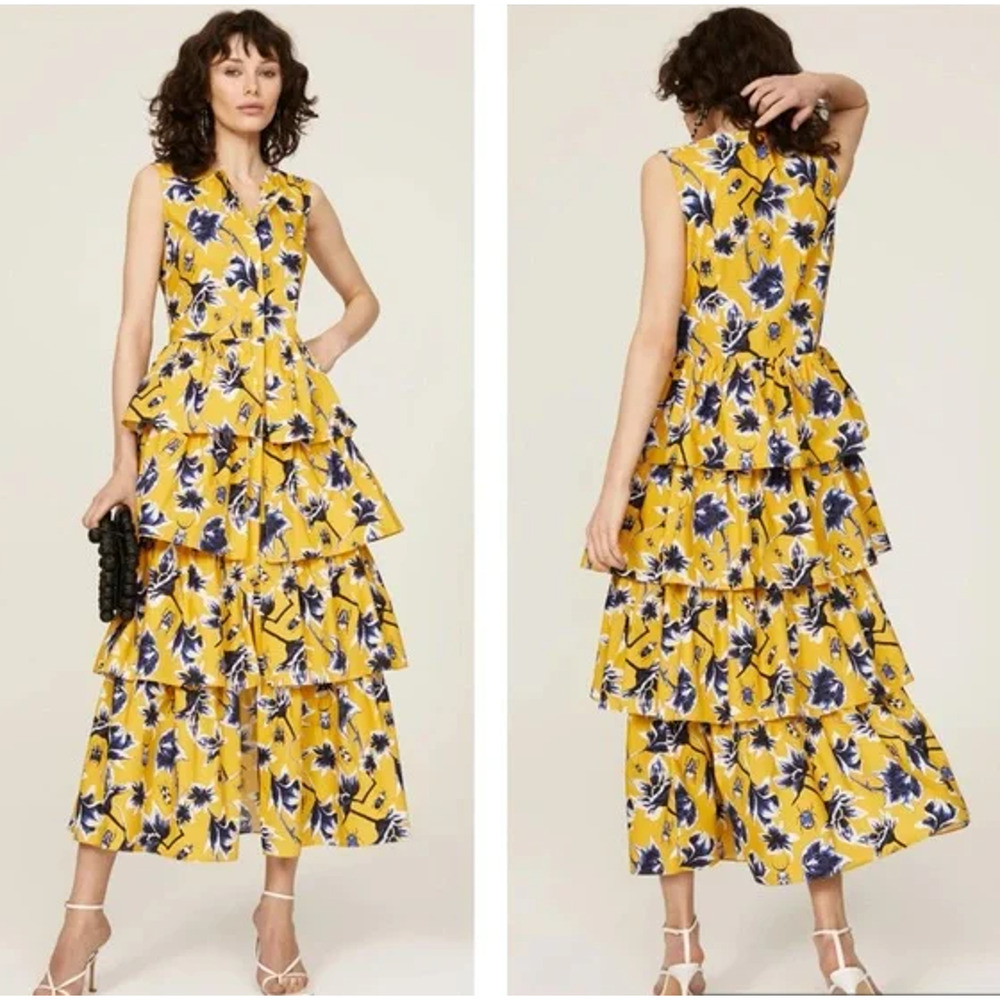 Osman Yousefzada Collective Tiered Midi Shirt Dress Marigold Yellow Floral 4